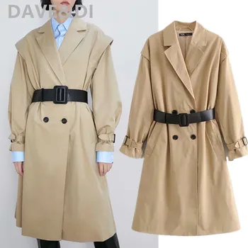 

Dave&Di 2020 spring england style vintage notched double breasted oversize loose khaki long coat trench coat women overcoat tops