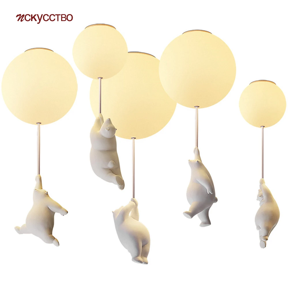 Nordic Hanging Polar Bear Led Ceiling Light Children Bedroom Nursery Creative Lighting Fixture Glass Balloon Kids Room Deco Lamp