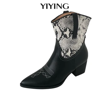 

2020 Sexy Snake Print PU Leather Pointed Toe Women Ankle Boots Square High Heels Female Western Cowboy Boots for Women Booties