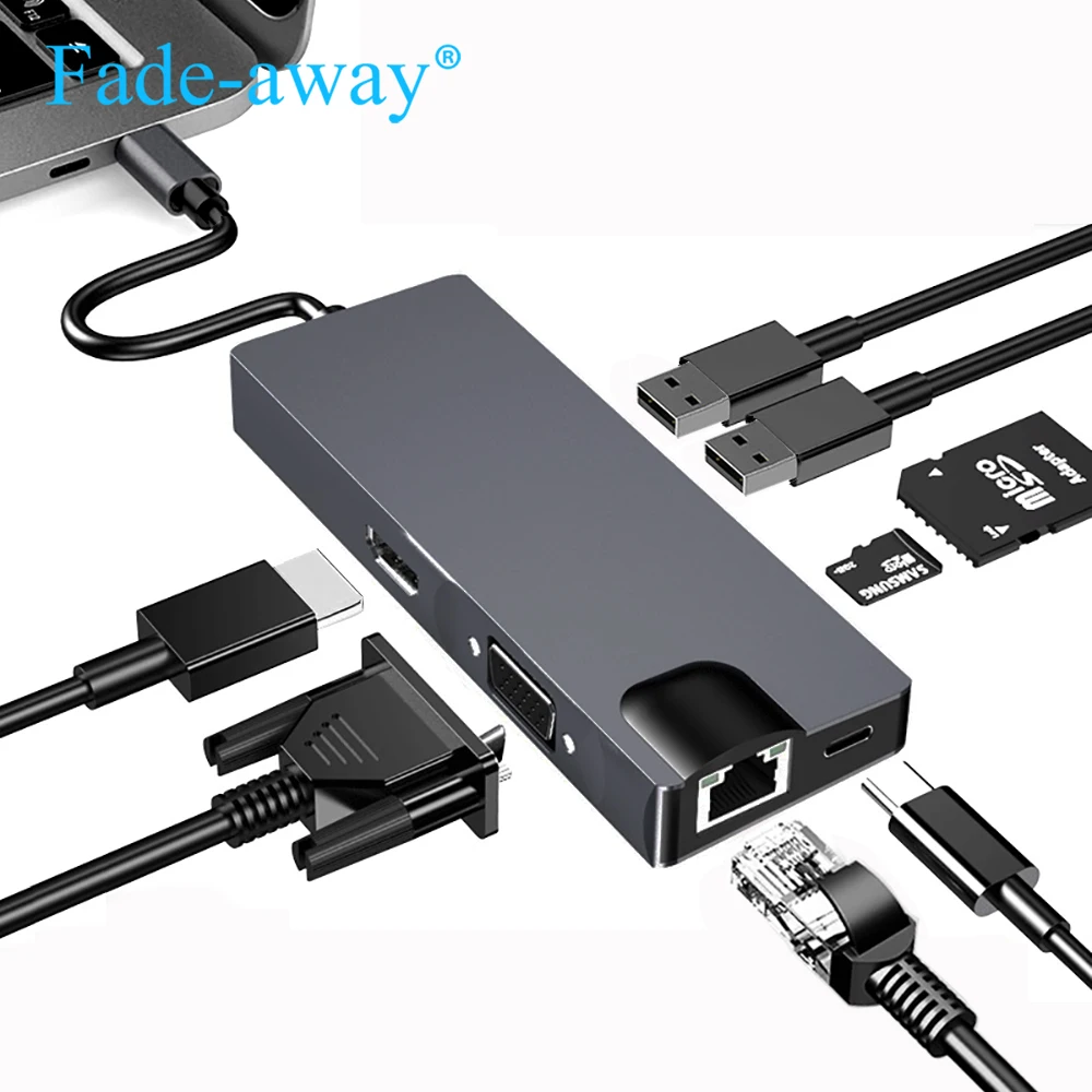 

USB Type C Hub to HDMI 4K USB 3.0 Hub VGA PD Gigabit Ethernet RJ45 SD TF Card Multi Docking Station for Macbook Laptop Samsung