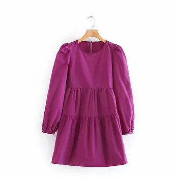 

2020 women elegant O neck purple dress puff sleeve office wear female casual solid mini dresses stylish vestidos mujer DS3134