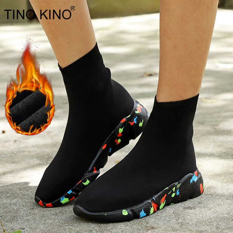 

Chunky Sneakers Vulcanized Women Flat Stretch Knittin Fur Sock Boots Plus Size Men Ladies Short Boots Platform Female Shoes