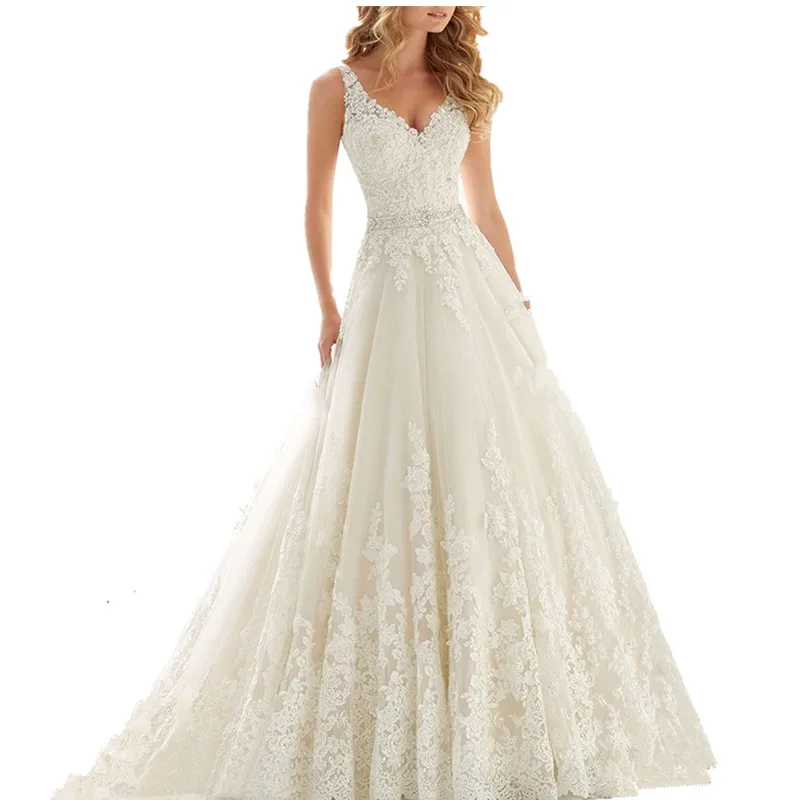 『Cheap!!!』- V-Neck Wedding Dress 2020 Open Back vestido de novia Lace
Applique Crystals Bride Dresses Ivory Wedding Gowns A-Line Sleeveless