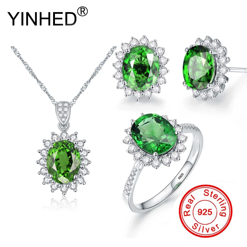 

YINHED Luxury Bridal Engagement Jewelry Sets Real 925 Sterling Silver Green Gemstone Wedding Jewelry for Women ZS063