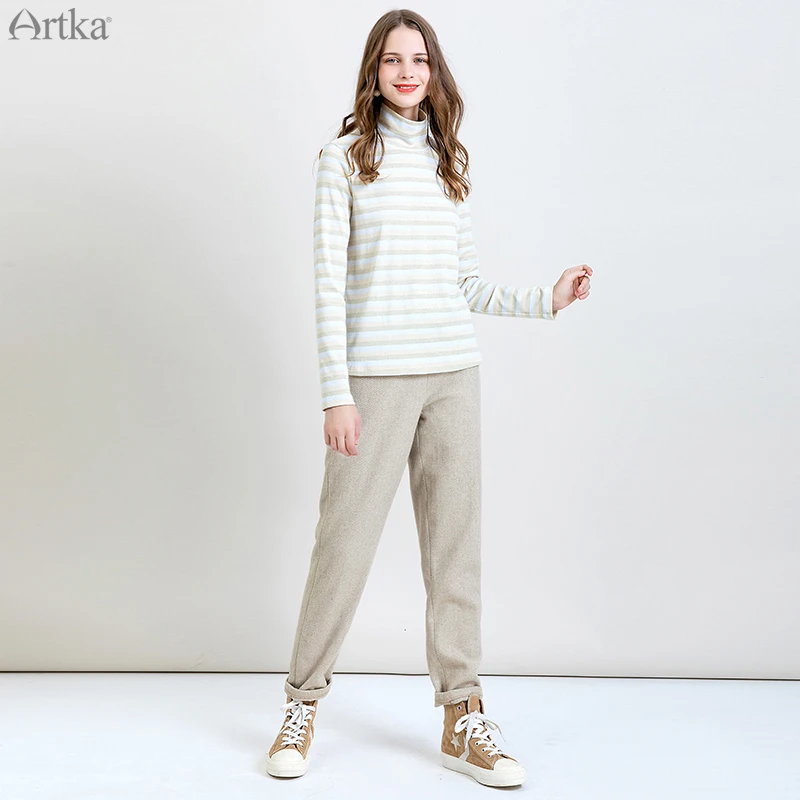 ARTKA осень зима новые женские брюки эластичный пояс плотные шерстяные брюки свободные повседневные Прямые шерстяные брюки KA10198Q