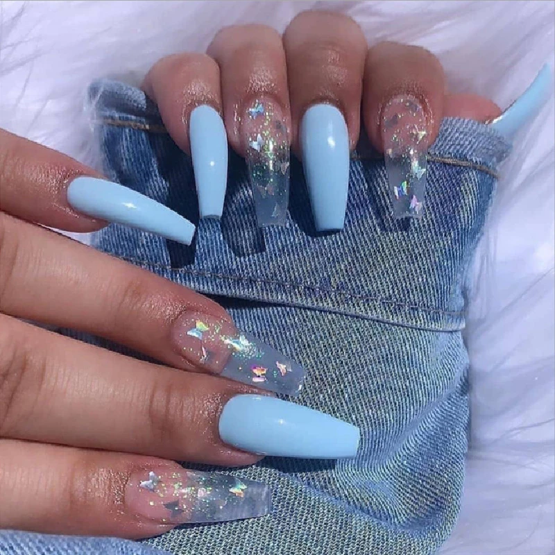 24pcs Professional Fake Nails Long Ballerina Half French Acrylic Nail Tips Press On Nails Full Cover Manicure Beauty Tools Blue False Nails Aliexpress
