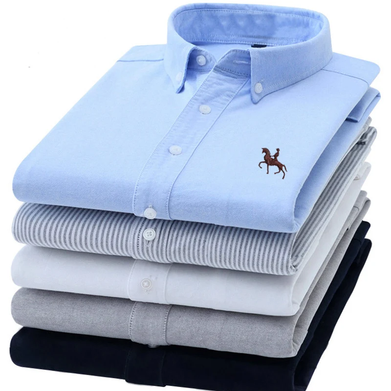 6XL Casual Pure Cotton Oxford Mens Shirts Long Sleeve Embroidery Horse Design Regular Fit Fashion Button Man White Dress Shirt