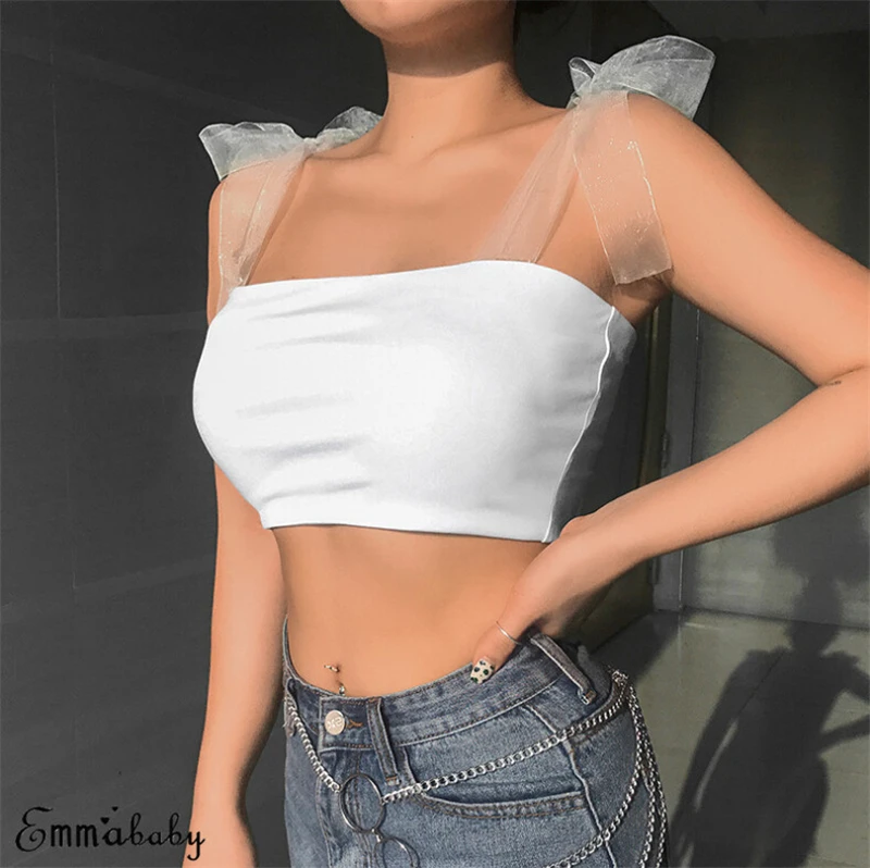 Сексуальный женский бандажный жилет Boob трубка короткий топ-Бюстгальтер прозрачная Сетчатая футболка Cami летняя майка Сексуальная Пляжная одежда без бретелек