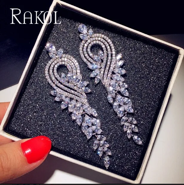 Роскошные длинные висячие серьги RAKOL с кубическим цирконием, AAA, с огранкой маркизы, для женщин, модные свадебные украшения, аксессуары - Окраска металла: White D