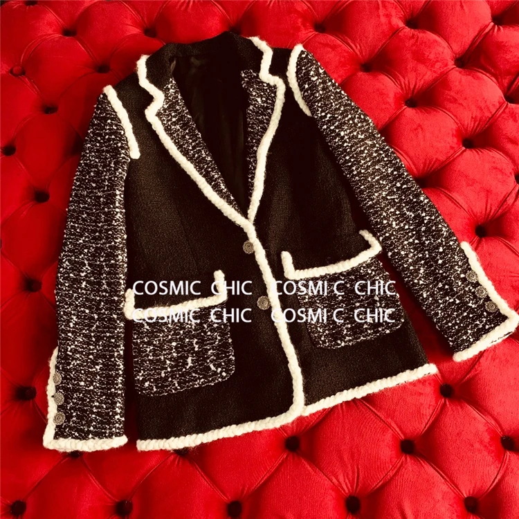 Cosmicchic SS женское дизайнерское шерстяное твидовое пальто черного и белого цвета с отворотом и боковыми карманами, теплые куртки с отворотом, роскошное пальто