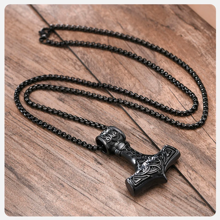 Vnox Vintage Herren nordische Wikinger-Halsketten, Rock Punk Retro Thor Mjolnir Hammer Anhänger, skandinavisches nordisches Amulett Runen-Halsschmuck – Detail 11