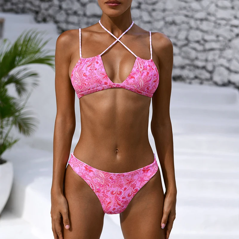 

JyoJyo Sexy pink bikini set 2021 Paisley print swimsuit women bathers Bandeau string swimwear female bathing suit swim suit new