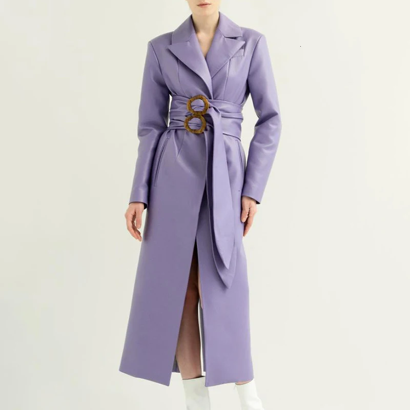 TWOTWINSTYLE, элегантное женское пальто из искусственной кожи, с длинным рукавом, с высокой талией, с поясом, Женское пальто, осенняя мода, новинка