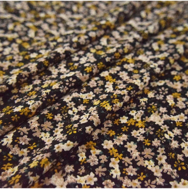 Chiffon Fabric Retro Black Background Small Floral Impermeability Korean Silk Smooth Women's Clothing Handmade DIY | Дом и сад