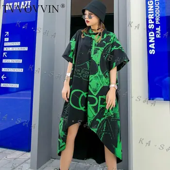 

Loose Streetwear Plus Size Irregular Dress Women Short Sleeve Fashion Trend Printing Turn Down Collar Dresses Oversized XJ3931