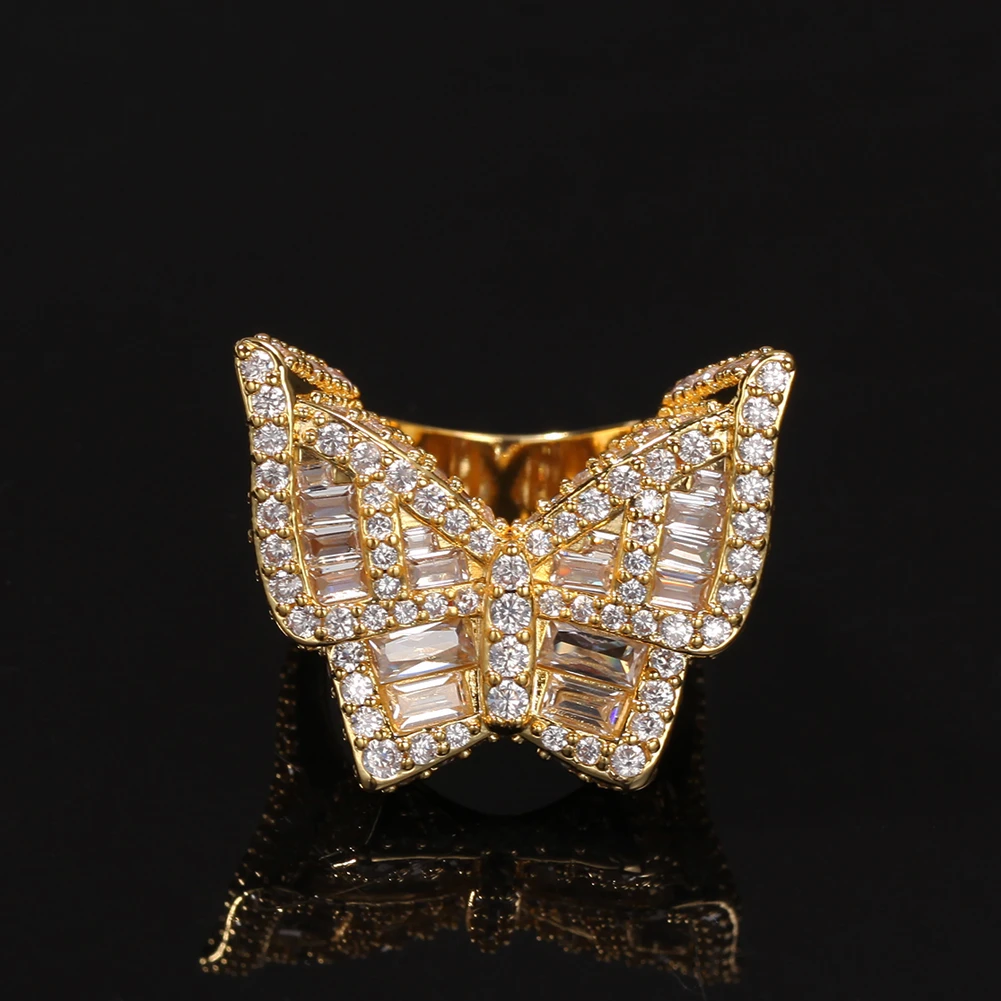 THE BLING KING Men Hiphop Ring Baguettecz Cluster Square Cut Large Butterfly Shape Cubic Zirconia Gold Color Party Ring Jewelry