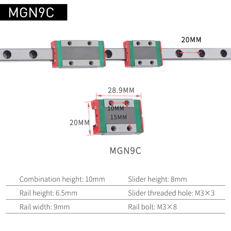 MGN9C Миниатюрная линейная направляющая, мини линейная каретка, блок GCR подшипника, стальные линейные направляющие MGN 9C 9H 12C 12H 15C 15H 100 мм 750 мм - Цвет: MGN9C