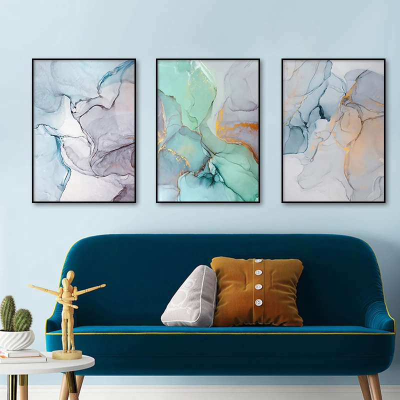 

Nordic Blue Green Canvas Painting Modern Home Gold Poster and Print Wall Art Picture For Living Room Abstract Scandinavian Decor