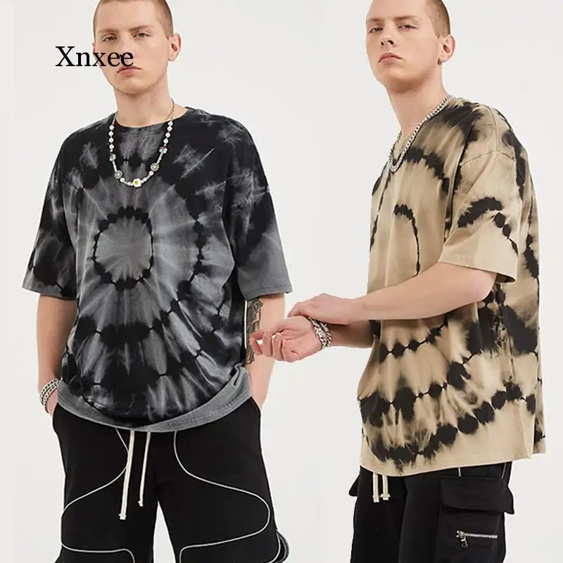 

2021 Men Summer Cd Tie-Dye Printed T-Shirt Avant Garde Short Sleeved Dark High Street Style Hip Hop Casual Tops Gothic Clothes