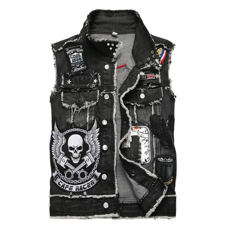 

New Style Men's Denim Vest Waistcoat Fashion Man Washing Black Embroidery Skull Cowboy Clothes Men'S Wear