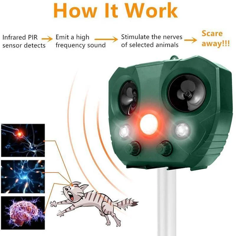 Repelente de animales con sonido ultrasónico de energía solar, ahuyentador de energía solar con sensor de movimiento, con luz flash, para perro, gato, conejo y mapache