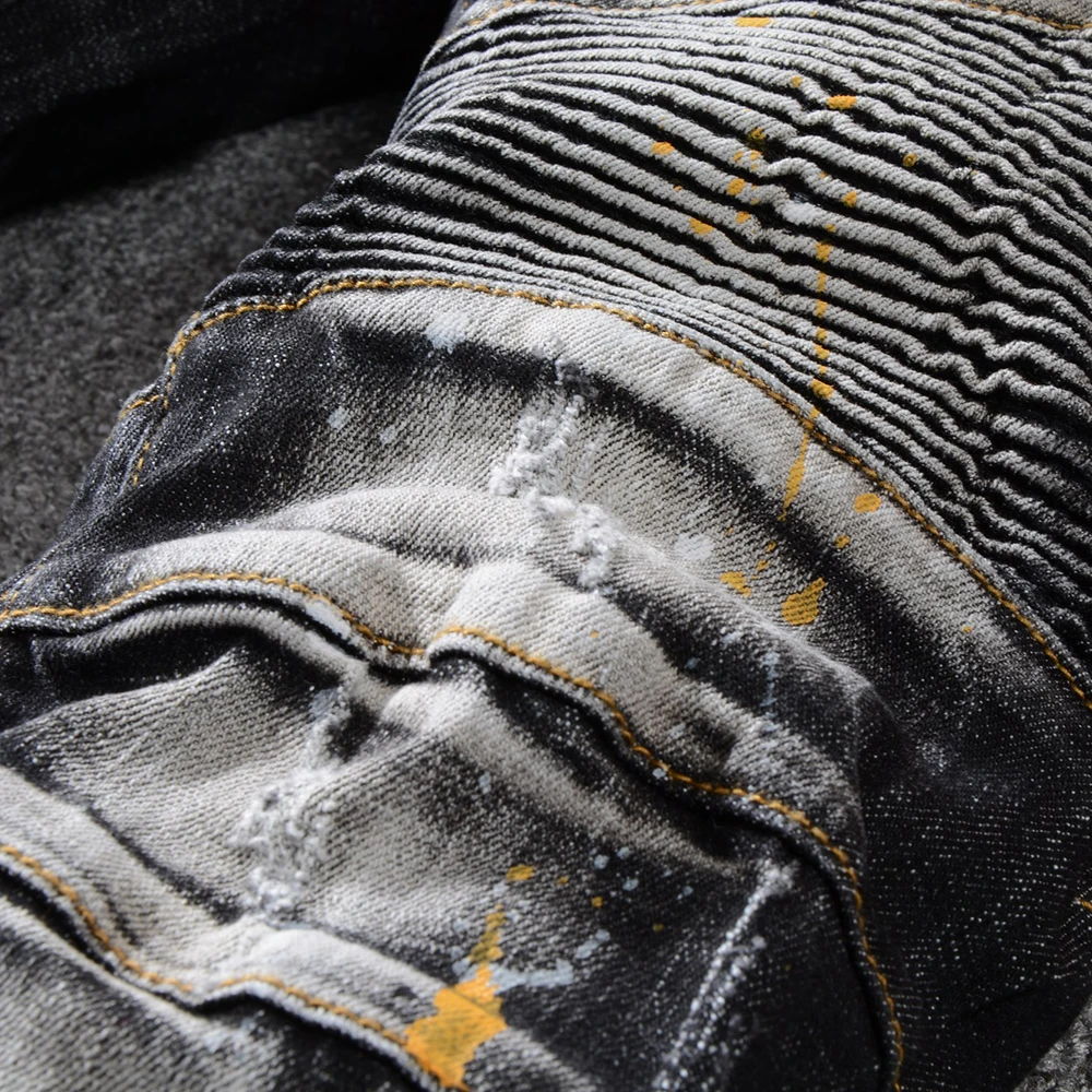 New Pants Men's Black Slim Fit Stretch Cotton Denim Biker Jeans for Moto Plus Size Painted Patchwork Straight Pants