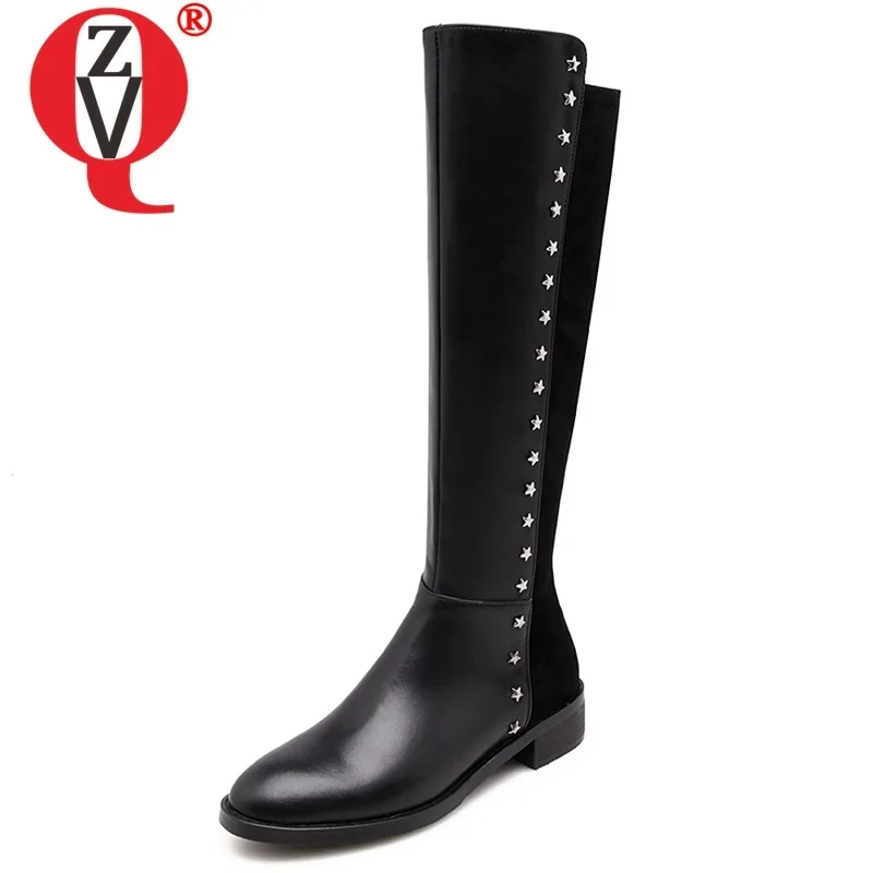 

ZVQ winter new fashion knee high boots outside comfortable mid heels round toe rivet genuine leather women shoes drop shipping