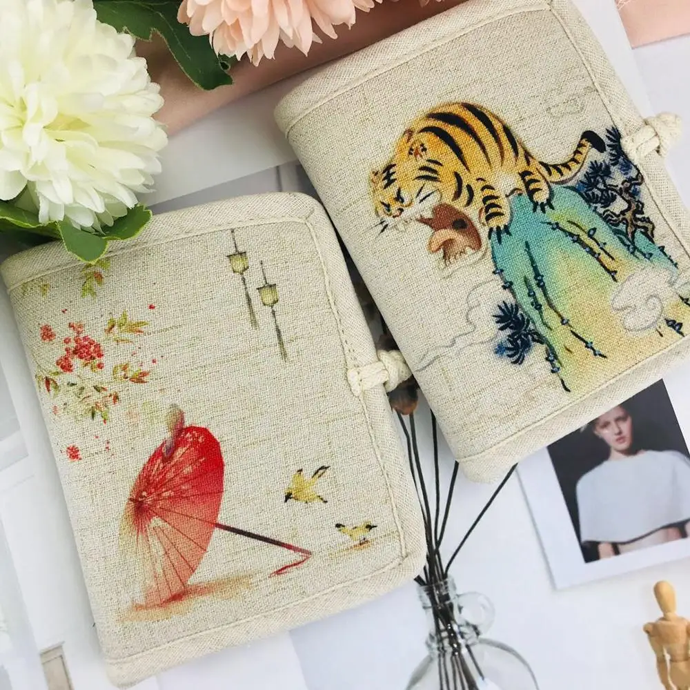 Chinese Style New Handmade Women's Fabric Wallet Disc Buckle Short Linen Material Printed Small  Female Simple Wallet Cardbag