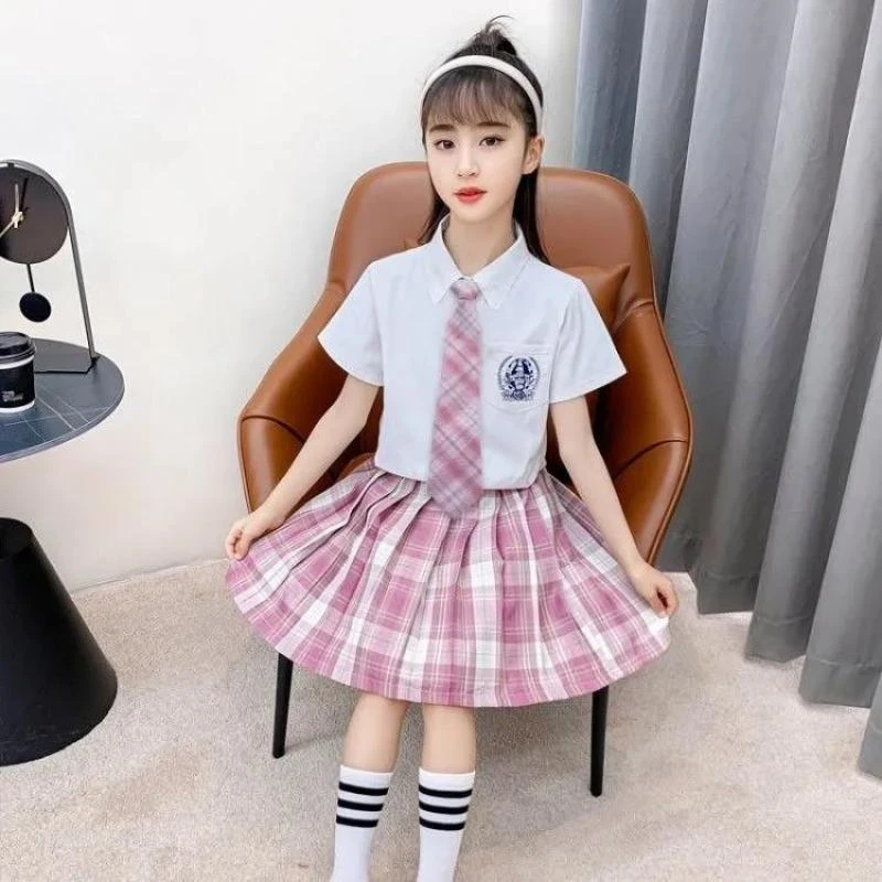 Spring Summer 21 Fashion Children S Primary School Girls Jk Uniform White Bow Collar Blouse Plaid Pleated Skirt Clothing Set School Uniforms Aliexpress