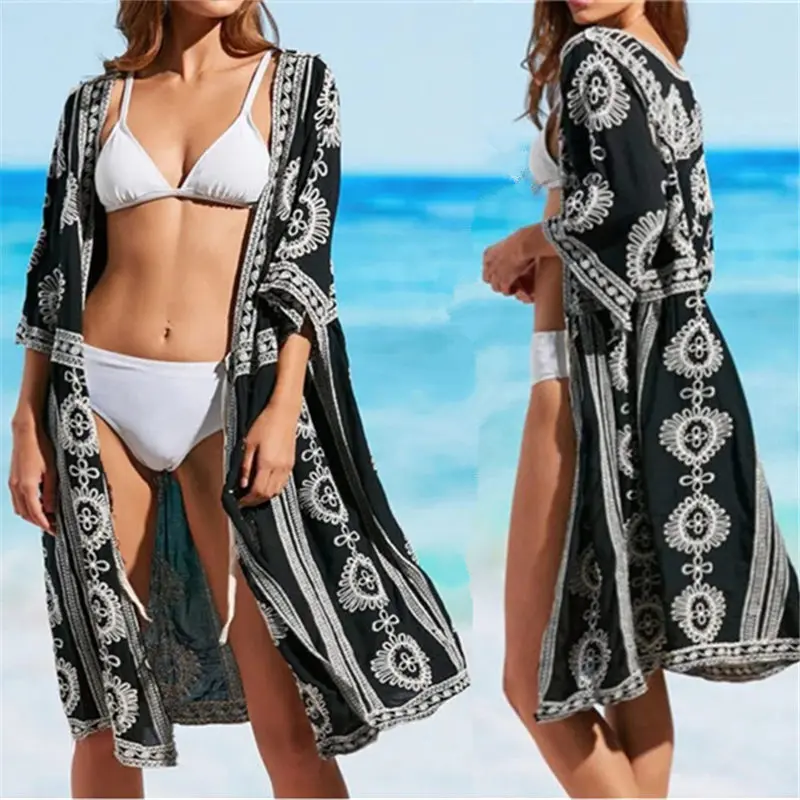 

Tunics for beach Embroidery Beach Dress Women Swim Cover up Plus size Saida de Praia Robe de Plage Kaftan Beach Cover up #Q879