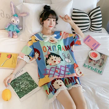 

Sleep Set Women Nightwear Pajamas Suit Cotton Print Cartoon Pyjamas Intimate Lingerie 2PCS Short Sleeve Sleepwear Nightgown