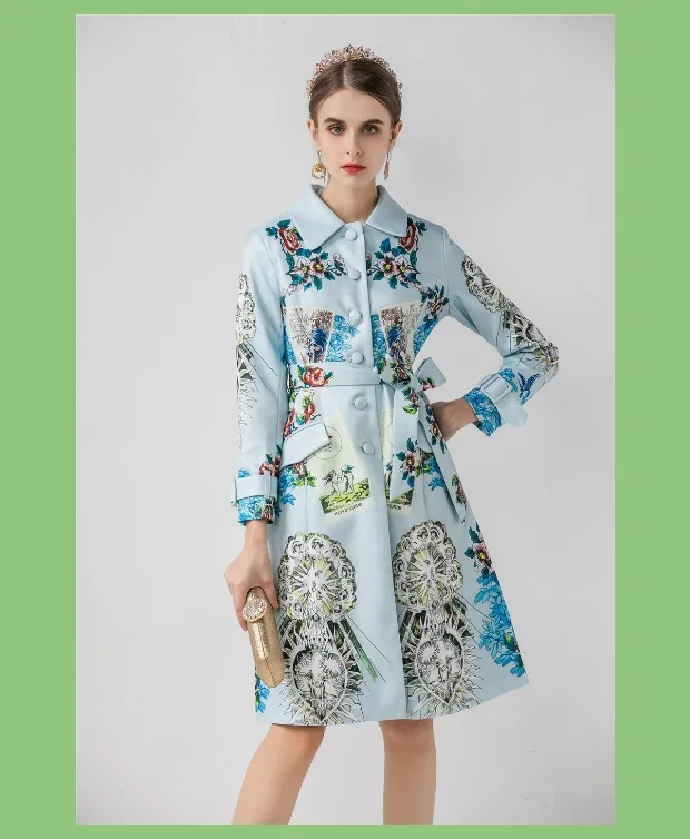 Модное шоу ropa mujer осенне-зимние пальто и куртки для женщин с длинным рукавом винтажный ремень Поддельные карманы печати feminina vestidos