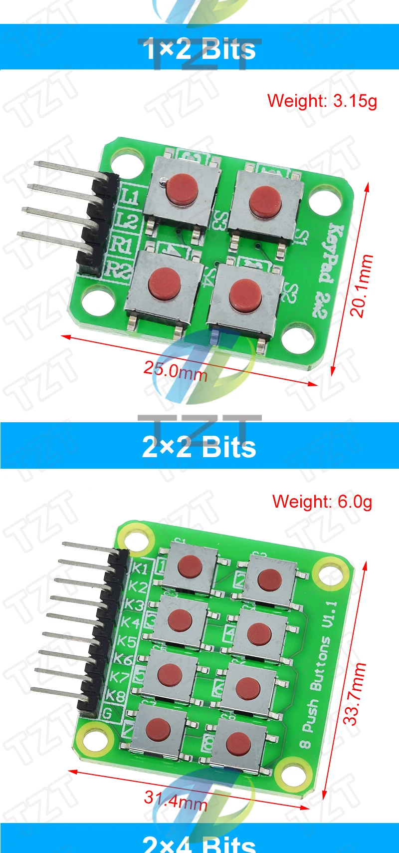 1/3PCS Micro Schalter 1*2/2*2/2*4/4*4 Matrix Tastatur TZT 8-bit Taste Unabhängige Taste MCU Externe Erweiterung Tastatur Modul – Detail 5