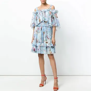 

First song Tight chiffon 3D printed sexy suspenders women's summer pleated dress 2020New irregular ruffled women's summer dress