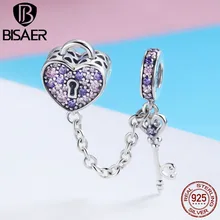 BISAER, настоящее 925 пробы, серебряный ключ, замок сердца, подвески, розовый CZ, сердце, бусины, подходят для женщин, браслет, сделай сам, для изготовления ювелирных изделий ECC772