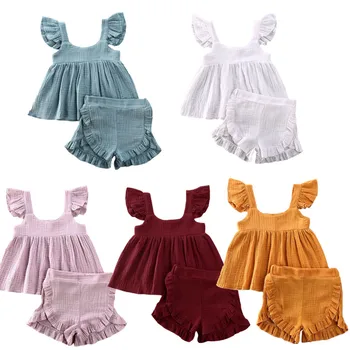 

New Baby Girls Ruffles Clothes Set Cotton Summer Kids Sleeveless Tops Blouse+Shorts Suits 0-24M