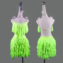Платье для латинских танцев со стразами, профессиональные костюмы для соревнований, сексуальная флуоресцентная зеленая юбка с бахромой, Женская сценическая одежда