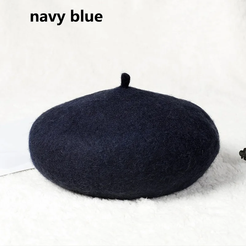 navy blue Французский стиль, однотонный Повседневный винтажный женский берет, шапка, женская шапка, теплая шапка для прогулок, Зимние береты для девочек, женские береты - Цвет: navy blue