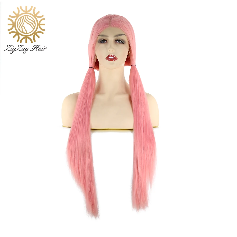 

ZigZag Pink Synthetic Lace Front Wig Middle Part Natural Glueless Heat Resistant Straight Hair Cosplay Wigs for Black Women