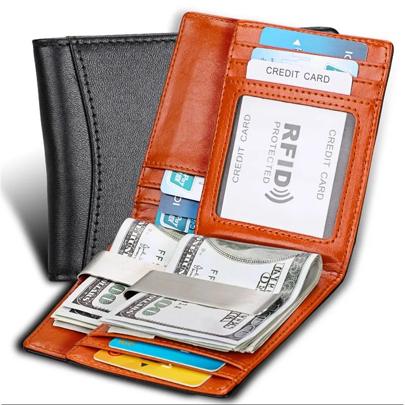 

New Slim Genuine Leather ID/Credit Card Holder Bifold Cowhide Pocket RFID Blocking Business Card Holder Wallet with Dollar Clip