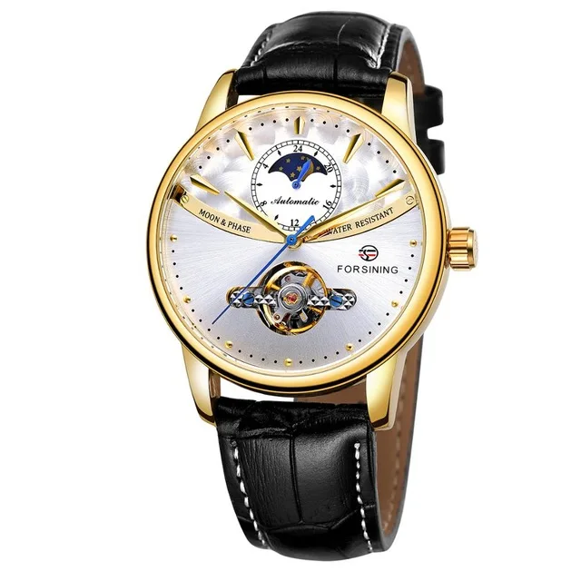 Forsining Moonphase автоматические механические часы мужские классические кожаные водонепроницаемые деловые повседневные часы Tourbillon Reloj Hombres - Цвет: gold white