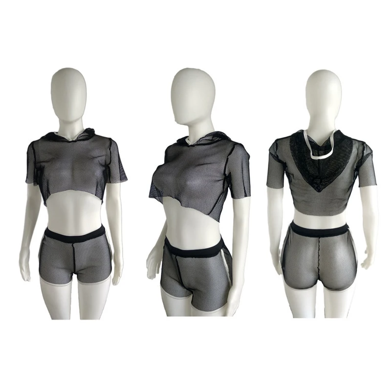Женский комплект из двух предметов летняя одежда черный прозрачный сетчатый укороченный топ и короткие штаны с капюшоном сексуальный комплект из 2 предметов шорты с сеткой комплект