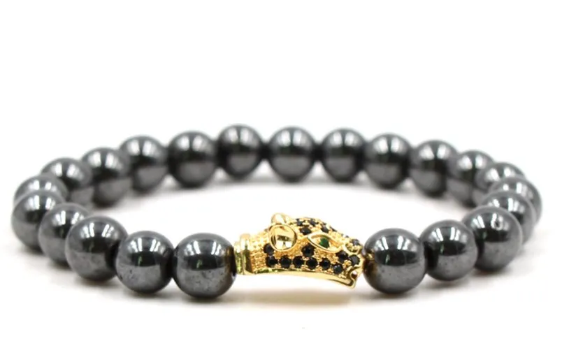 8 мм xhg53 серебро золото медь голова леопарда микро проложить cz Циркон кубический цирконий браслет гематит бисера Будда Браслеты Для Йоги