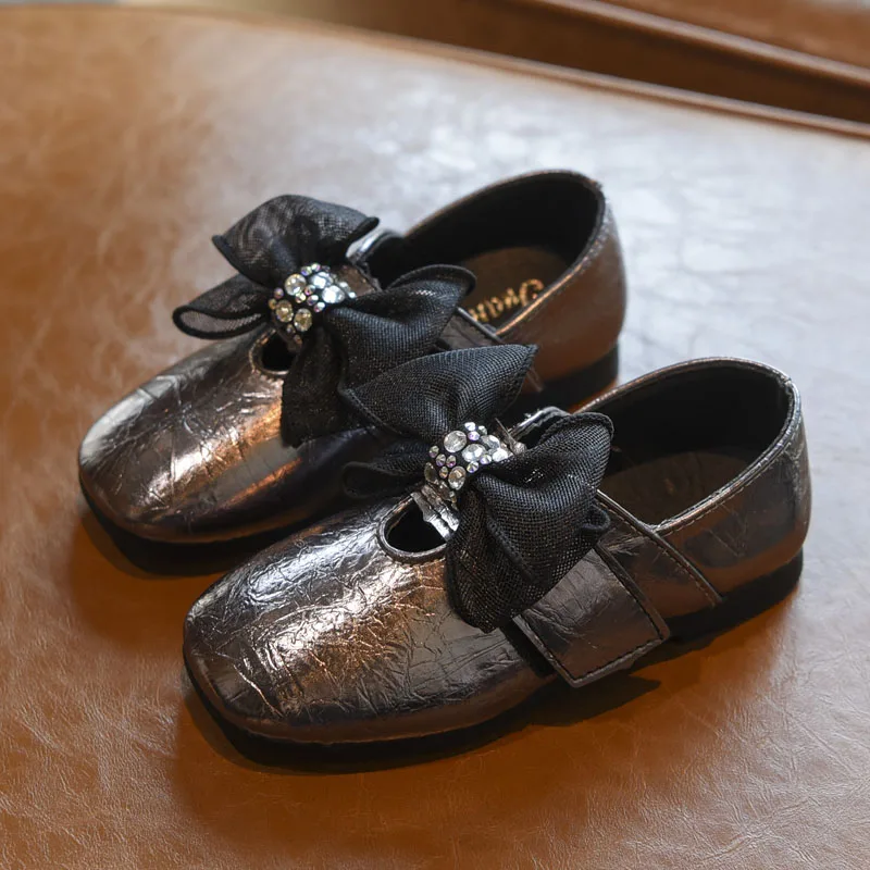 Bakkotie New Kids Autumn Girls Pu Leather Shoes Baby Fashion Lace Bowtie Mary Jane Flats Children Gold Sweet Dress Shoes - Цвет: Gun