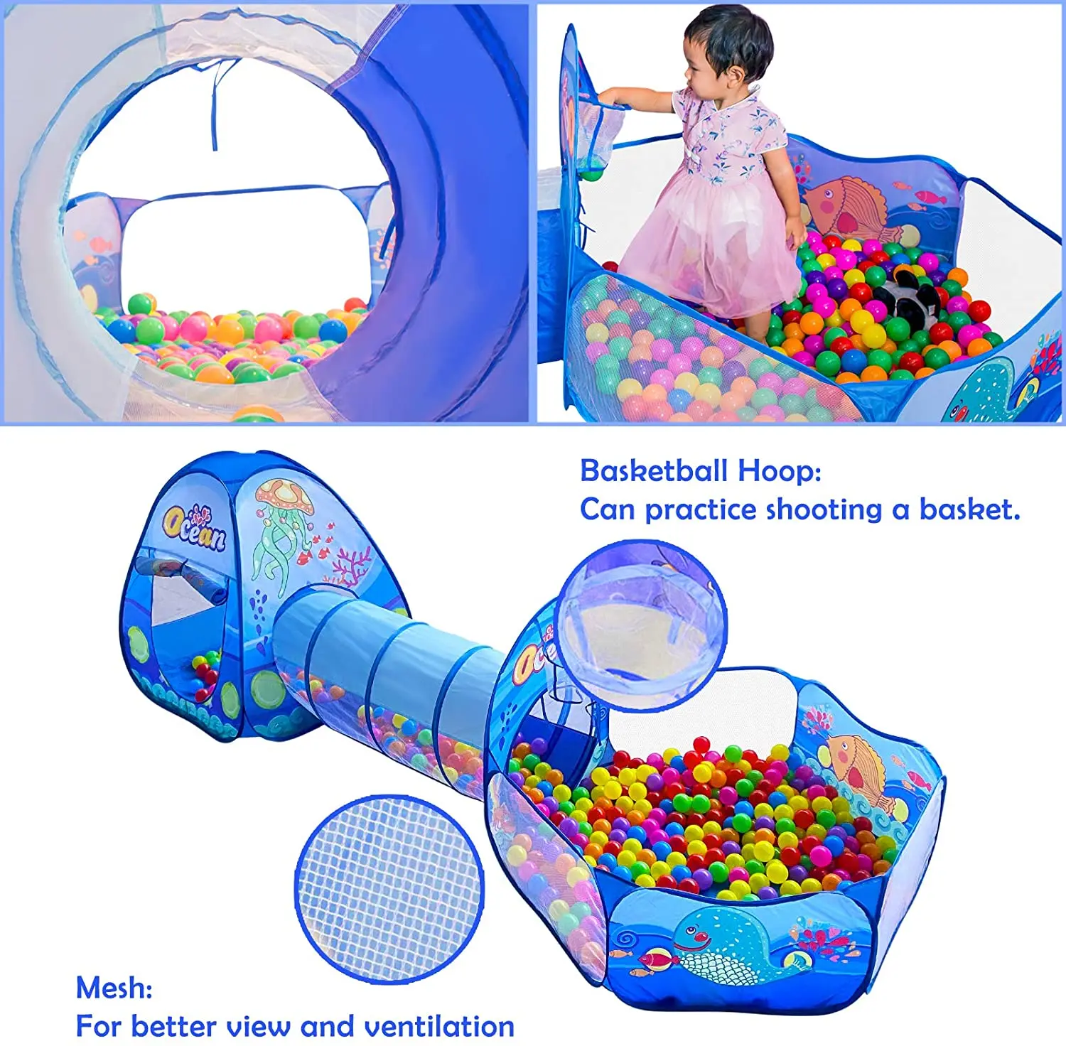 Set 3en1 Océan: tente, tunnel et piscine à balles - OOGarden