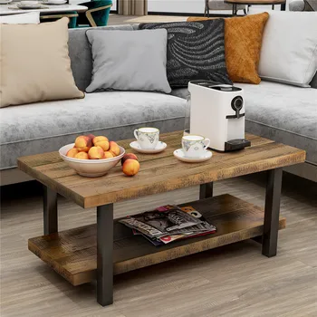 

Pine wood Table Face Iron Legs Rectangle Rustic Natural Coffee Table with Storage Shelf for Living Room Easy Assembly