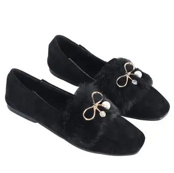 

2020 new autumn and winter Women's cotton shoes fashion square head metal bowknot rabbit fur flats women shoes 092