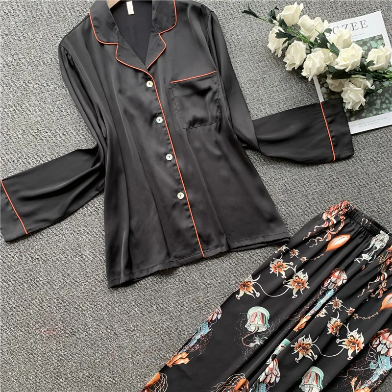 

Spring And Summer New Simulation Silk Home Service Ladies Cardigan Button Long Sleeve Pajamas Suit Silk