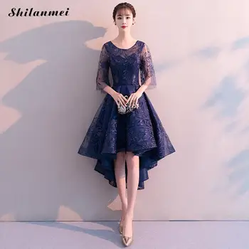 

Elegant Floral Evening Party Dress Sexy Mesh Half Sleeve Women Dress Vintage Embroidery Summer Deep Blue Women Dress Robe Femme