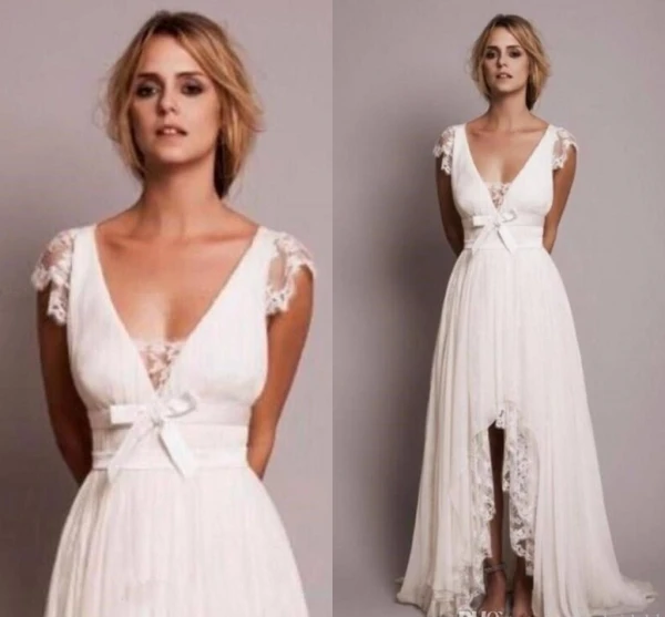 

2020 Modest Beach Wedding Dresses with Lace High Low Country Wedding Dress New Fashion Bridal Gown Robe Mariage